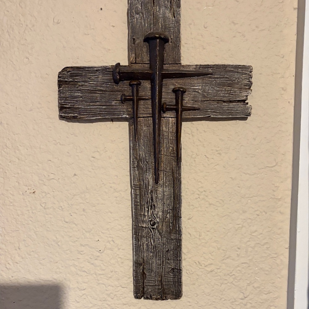 Rustic Wood Cross Wall Decor with Nail Accents - Brown